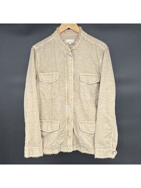 LOFT Women's Linen Blend Utility Jacket XL Beige Frayed Trim Military Safari